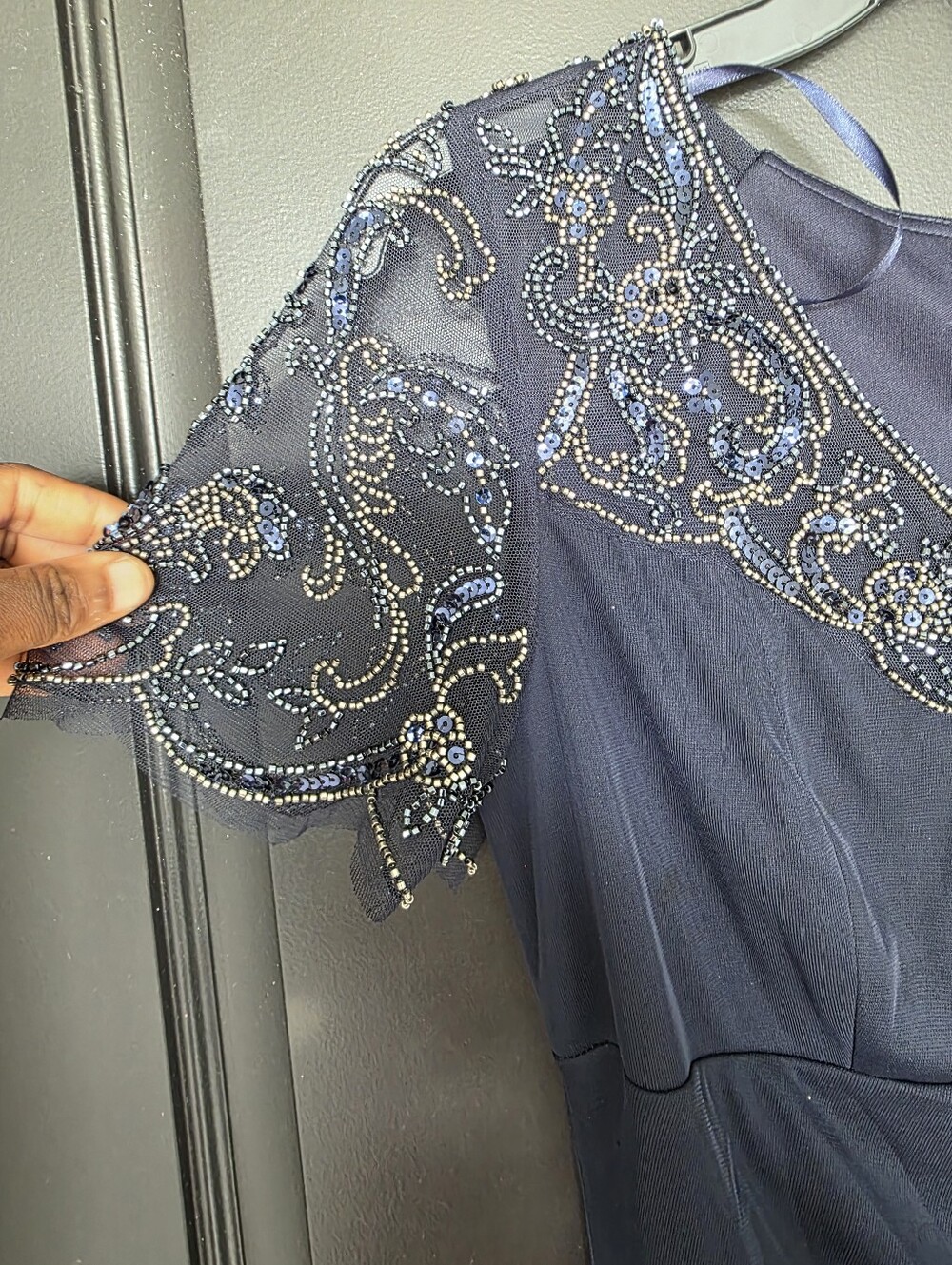 Xscape Navy Beaded Evening Gown Dress Women’s Size 8 Formal Mother of Bride NWT - Picture 6 of 11